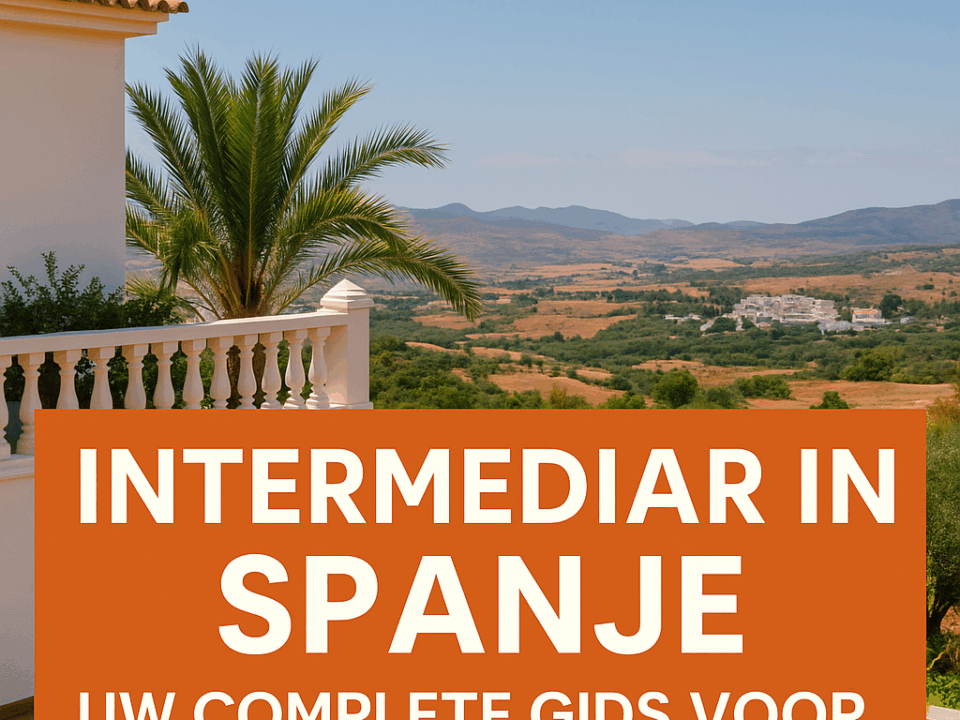 Thumbnail van een Spaanse villa met uitzicht op de bergen, met de tekst: Intermediar in Spanje – Uw complete gids voor vastgoedtransacties.