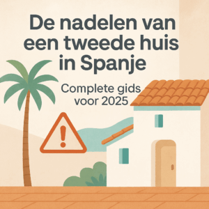 Vierkante thumbnail in mediterrane stijl met een wit huis, terracotta dak, palmboom en waarschuwingsicoon. Tekst: “De nadelen van een tweede huis in Spanje – Complete gids voor 2025.”