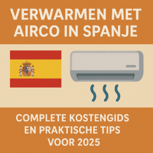 Thumbnail afbeelding met Spaanse vlag en airco, tekst "Verwarmen met Airco in Spanje – Complete Kostengids en Praktische Tips 2025"