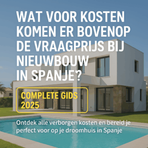 Thumbnail afbeelding van een moderne nieuwbouwvilla in Spanje met zwembad en tekst: "Wat voor kosten komen er bovenop de vraagprijs bij nieuwbouw in Spanje? Complete gids 2025". Wat voor Kosten Komen er Bovenop de Vraagprijs bij Nieuwbouw in Spanje?
