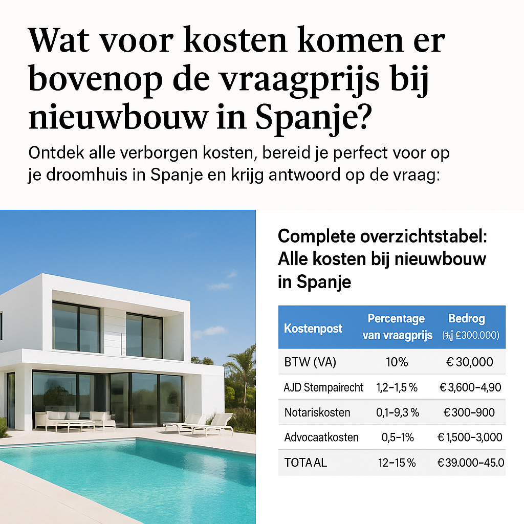 Brede headerafbeelding met moderne nieuwbouwwoning en zwembad in Spanje, met tekst: "Wat voor kosten komen er bovenop de vraagprijs bij nieuwbouw in Spanje? Complete gids 2025" en een overzichtstabel met bijkomende kosten.