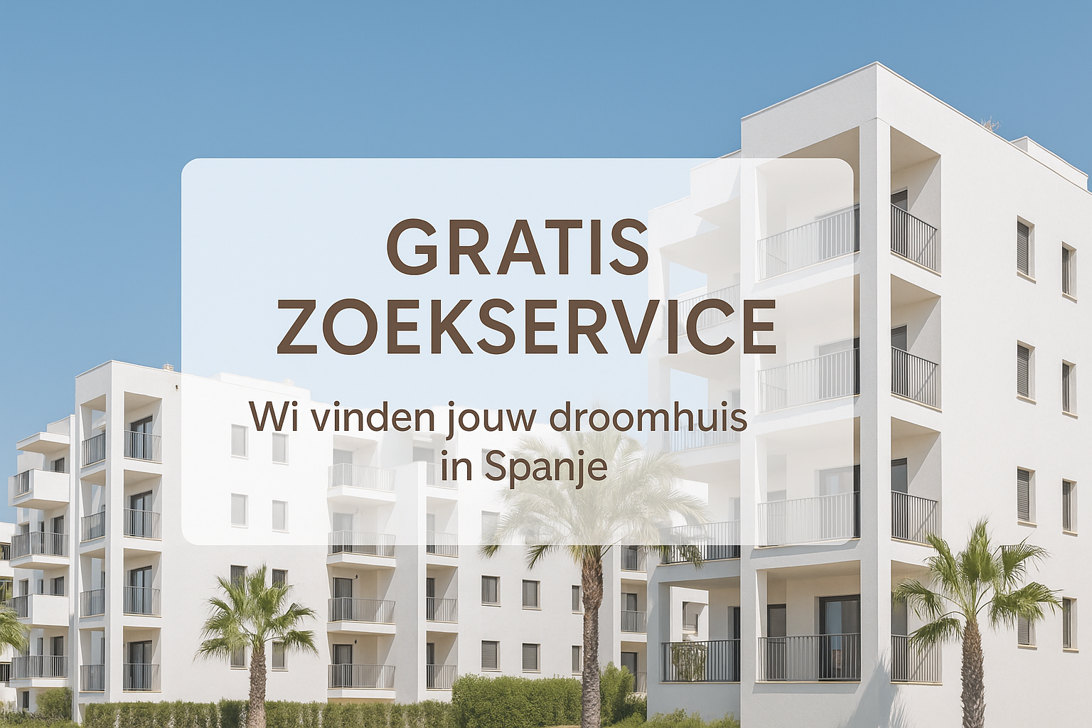 Professionele banner van Casa aan de Costa Blanca met de tekst "Gratis zoekservice – Wij vinden jouw droomhuis in Spanje" en op de achtergrond moderne nieuwbouwappartementen met palmbomen.