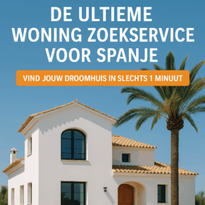 Professionele thumbnail met Spaanse villa, palmboom en tekst “De Ultieme Woning Zoekservice voor Spanje – Vind jouw droomhuis in slechts 1 minuut”.