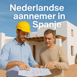 Nederlandse aannemer in Spanje die bouwtekeningen bespreekt bij een moderne villa