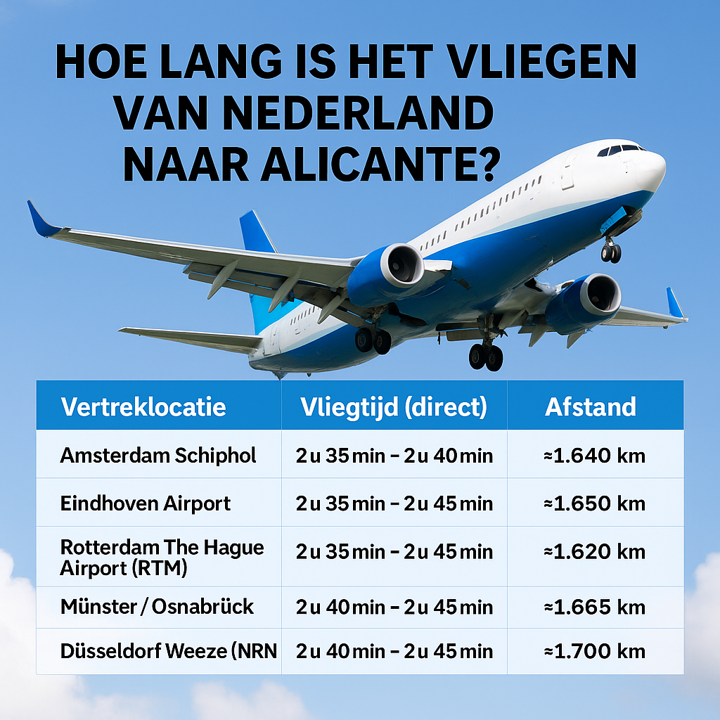 Infographic met vliegtijden van Nederlandse en Duitse luchthavens naar Alicante, met afbeelding van vliegtuig en tabel met afstanden en reistijden.