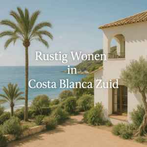 Realistische afbeelding van een witte mediterrane villa met uitzicht op zee in Costa Blanca Zuid, omringd door palmbomen en groen, met de tekst ‘Rustig Wonen in Costa Blanca Zuid’ in het midden.