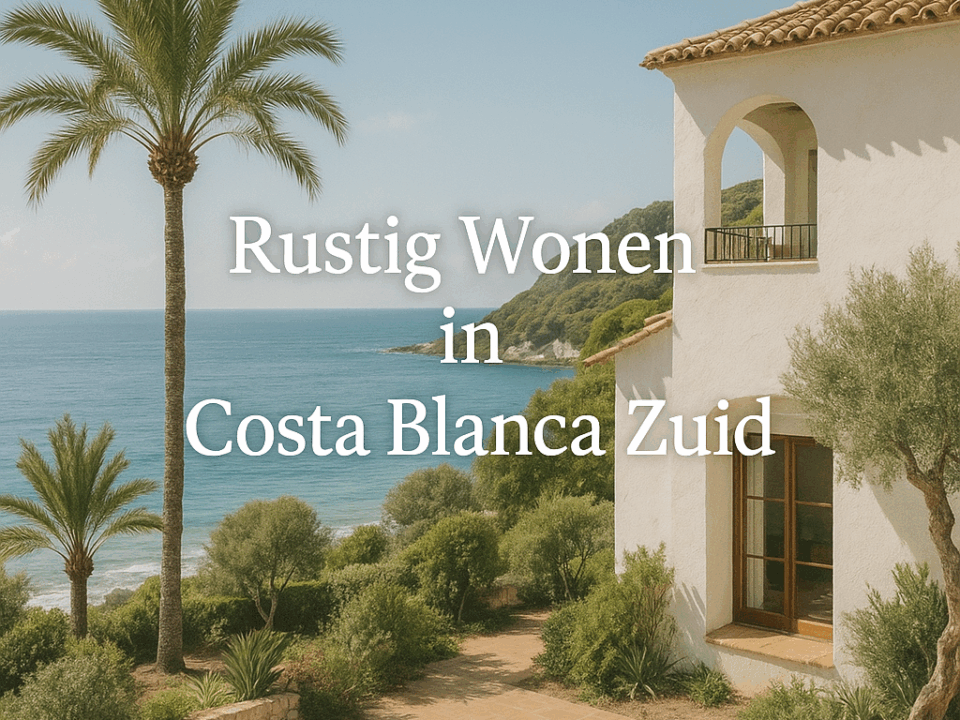 Realistische afbeelding van een witte mediterrane villa met uitzicht op zee in Costa Blanca Zuid, omringd door palmbomen en groen, met de tekst ‘Rustig Wonen in Costa Blanca Zuid’ in het midden.