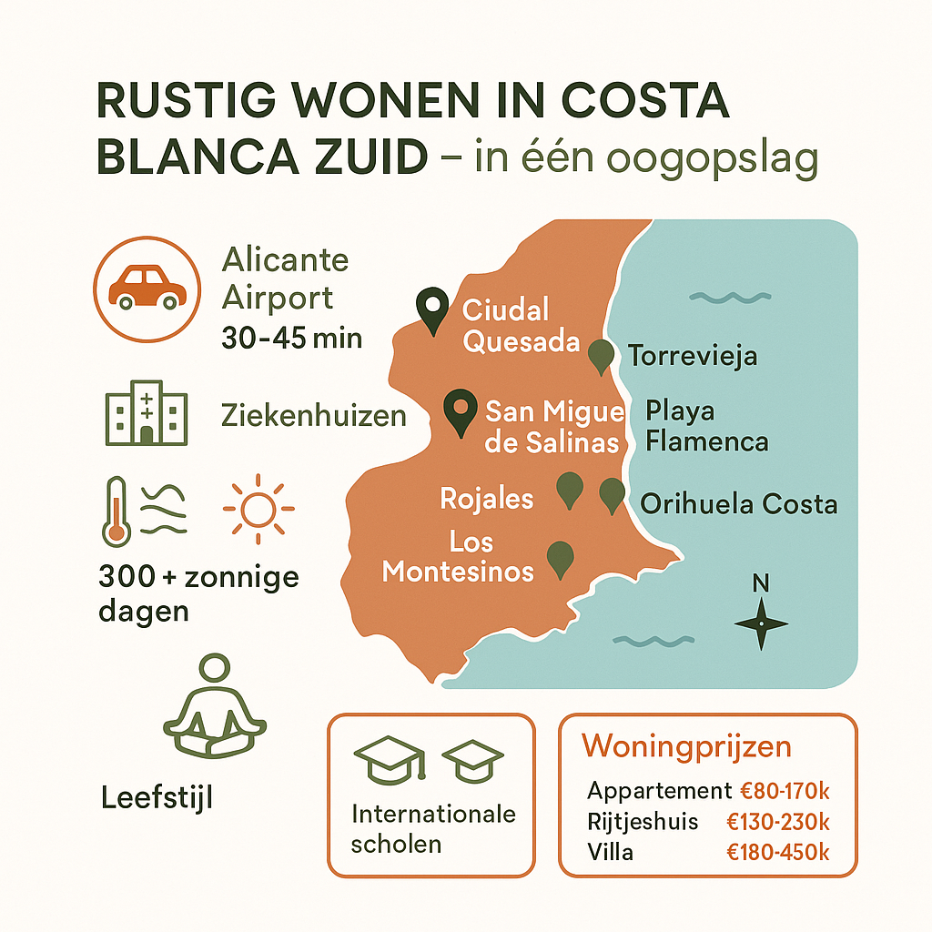 : Infografiek van de Costa Blanca Zuid met belangrijkste woonplaatsen, reistijden, voorzieningen, zonuren en woningprijzen in 2025.