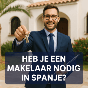 Nederlandse makelaar in Spanje overhandigt sleutels bij een mediterrane woning met de tekst ‘Heb je een makelaar nodig in Spanje?’