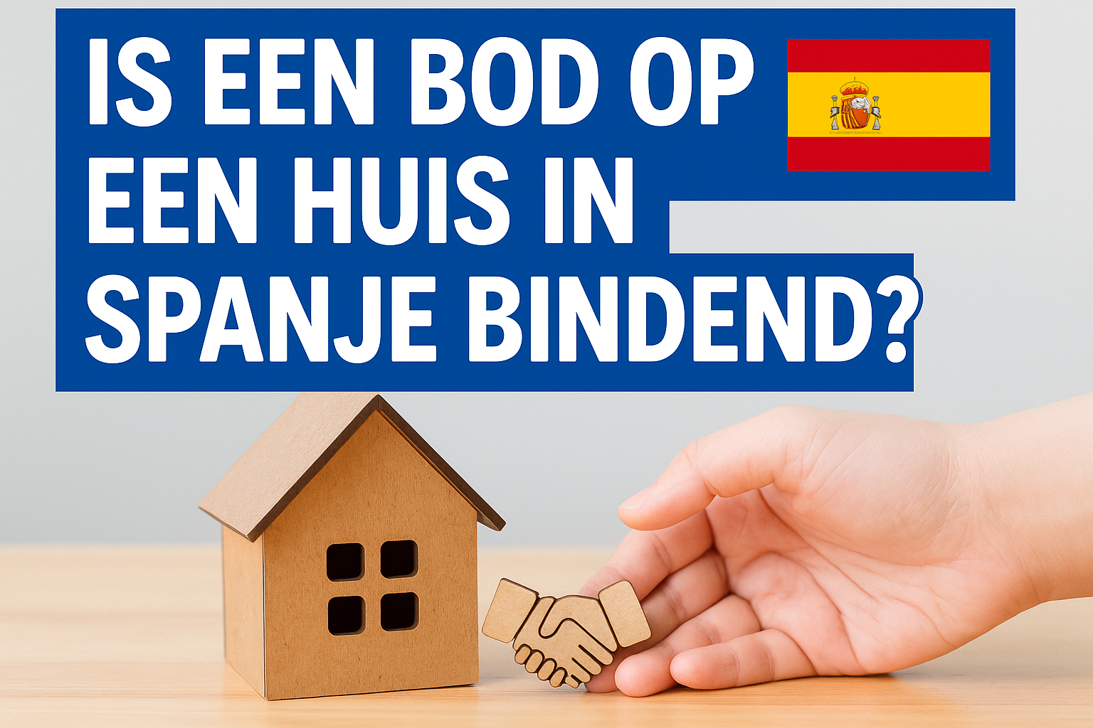 Thumbnail met tekst “Is een bod op een huis in Spanje bindend?” met houten huis en Spaanse vlag