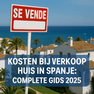 Se Vende-bord voor witte Spaanse huizen met uitzicht op zee – illustratie bij artikel over kosten bij verkoop van een huis in Spanje in 2025.