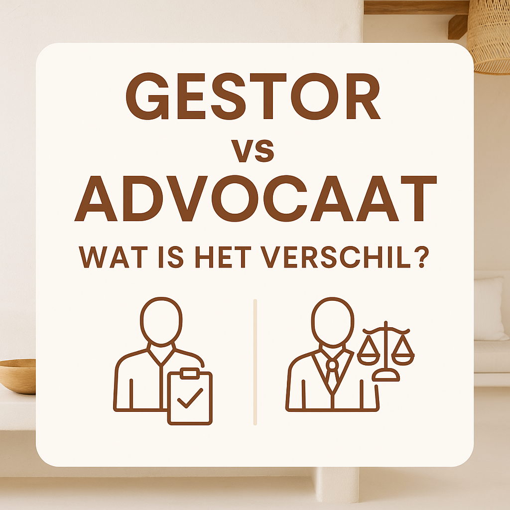 Thumbnail in Ibiza-stijl met de tekst ‘Gestor vs Advocaat – Wat is het verschil?’ en iconen van een gestor en advocaat.