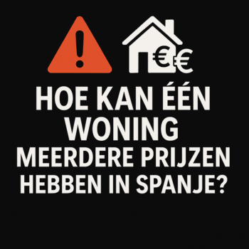 Thumbnail afbeelding met de tekst: “Hoe kan één woning meerdere prijzen hebben in Spanje?” met icoontjes van een waarschuwing en een huis met eurotekens.