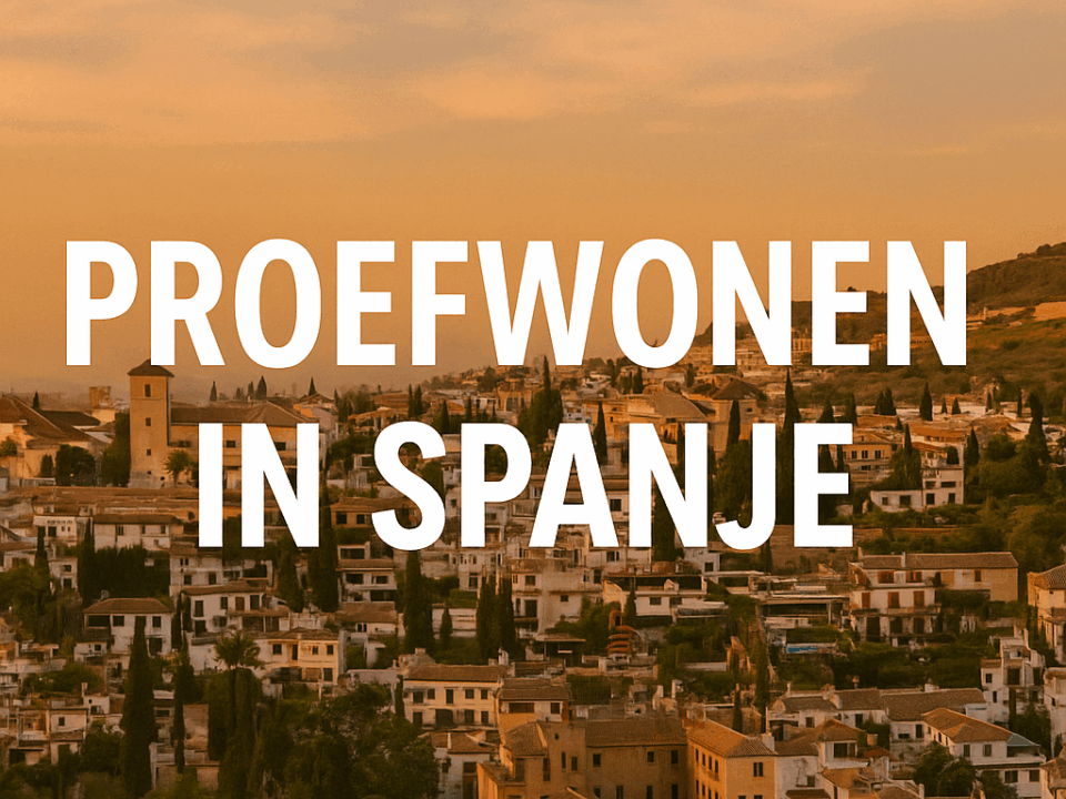 Thumbnail afbeelding met de tekst “Proefwonen in Spanje” boven een Spaans dorp bij zonsondergang.