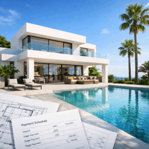 Moderne luxe villa in Spanje met een betalingsschema voor nieuwbouw op de voorgrond