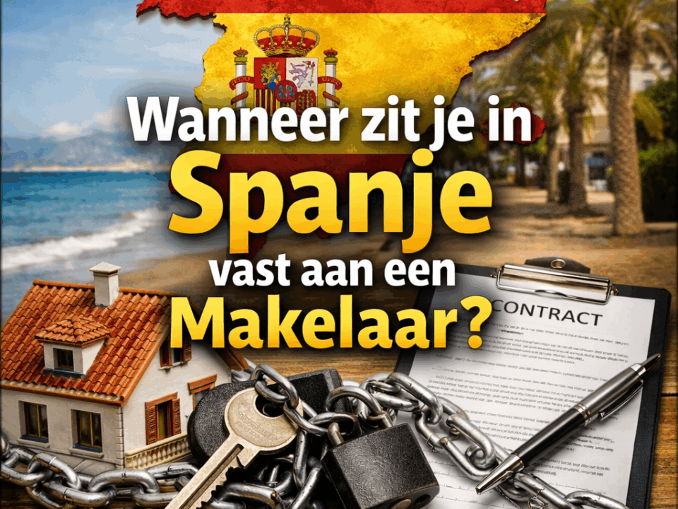 Thumbnail voor artikel over vastgoed in Spanje: een huis met ketting en slot, een contract op een clipboard, met op de achtergrond een kaart van Spanje en strand. Tekst: 'Wanneer zit je in Spanje vast aan een makelaar?