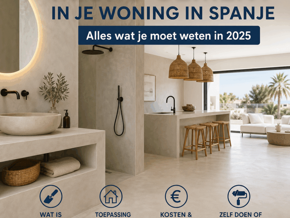 Micro cement interieur in Spaanse woning met naadloze vloer en badkamer afwerking