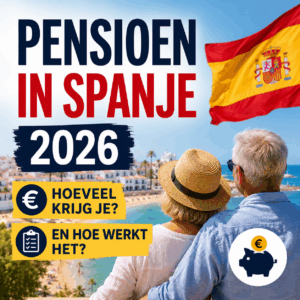 Thumbnail van een ouder stel aan de Spaanse kust met de tekst “Pensioen in Spanje 2026 – Hoeveel krijg je en hoe werkt het?”