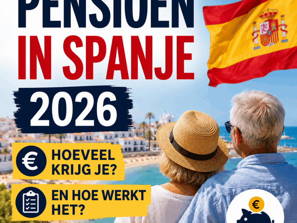 Thumbnail van een ouder stel aan de Spaanse kust met de tekst “Pensioen in Spanje 2026 – Hoeveel krijg je en hoe werkt het?”
